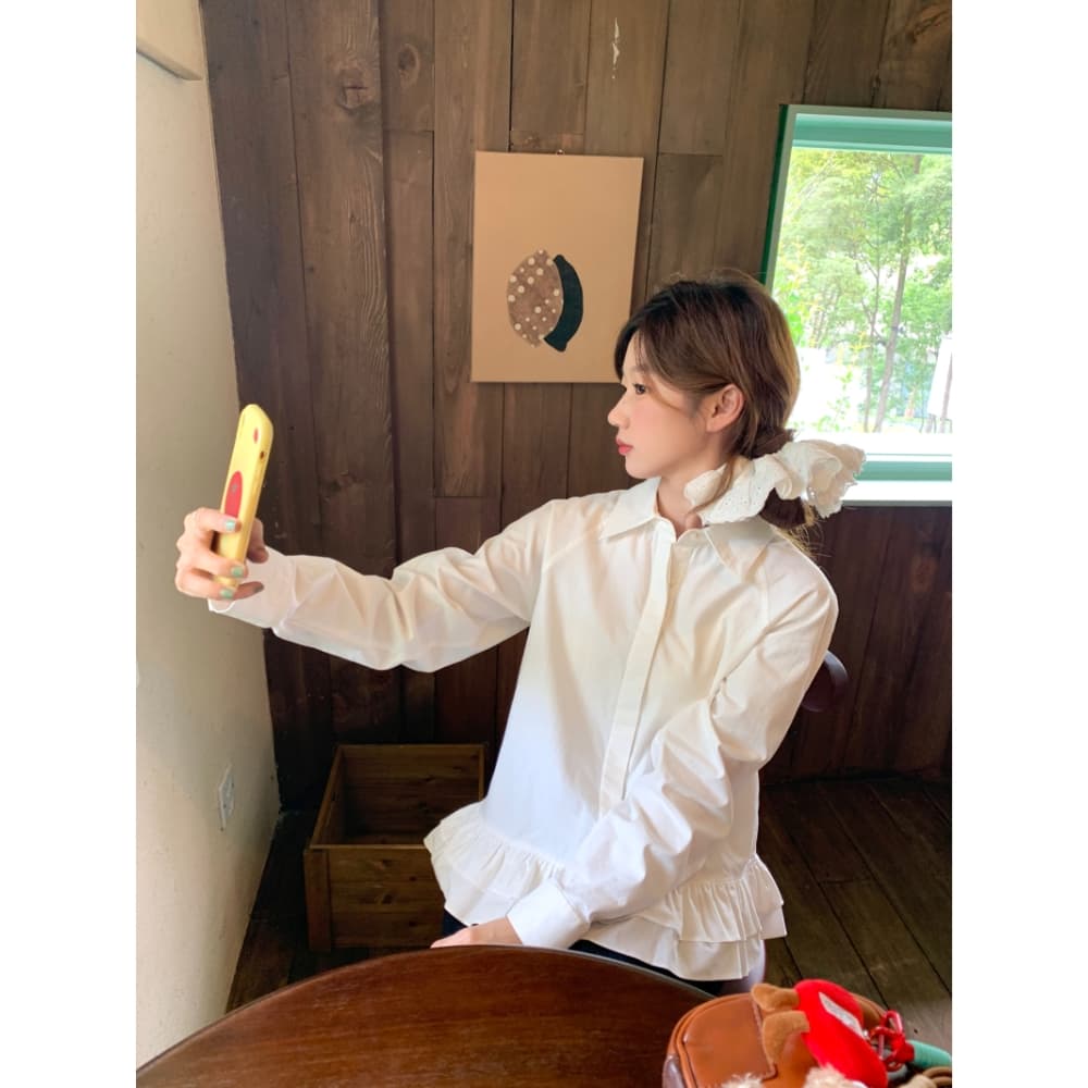 가을 새로운 프랑스식 레트로 여성 셔츠 디자인 프릴 불규칙 셔츠 작은 키 스택 착용 맨위 ins 상세 이미지 4