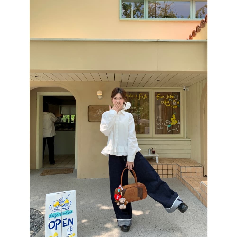 가을 새로운 프랑스식 레트로 여성 셔츠 디자인 프릴 불규칙 셔츠 작은 키 스택 착용 맨위 ins 상세 이미지 5