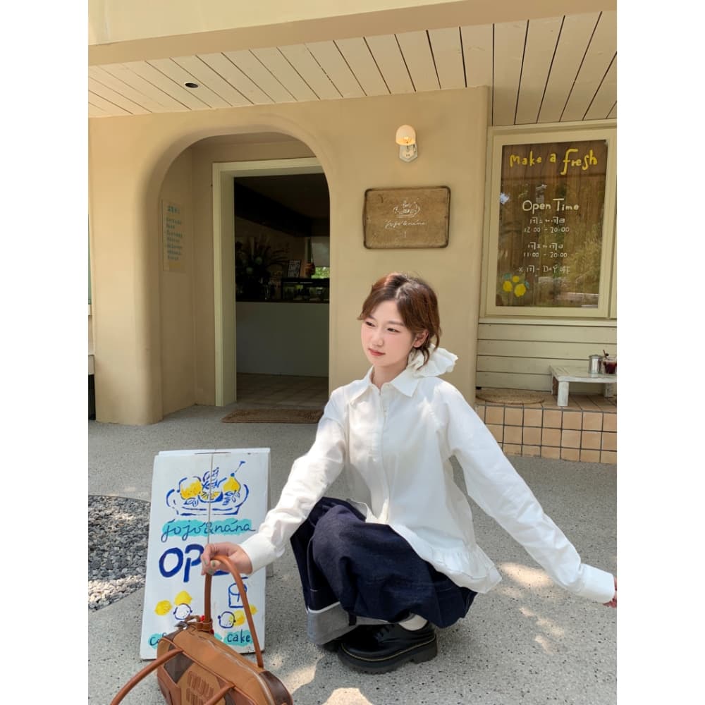 가을 새로운 프랑스식 레트로 여성 셔츠 디자인 프릴 불규칙 셔츠 작은 키 스택 착용 맨위 ins 상세 이미지 6