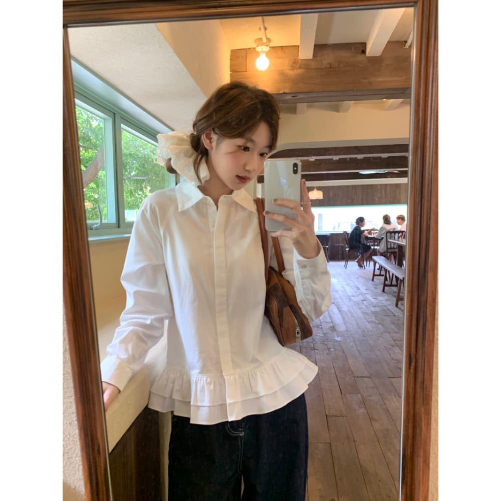 가을 새로운 프랑스식 레트로 여성 셔츠 디자인 프릴 불규칙 셔츠 작은 키 스택 착용 맨위 ins 상세 이미지 9