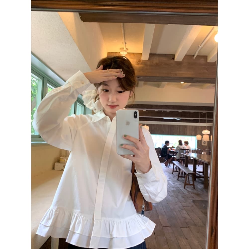 가을 새로운 프랑스식 레트로 여성 셔츠 디자인 프릴 불규칙 셔츠 작은 키 스택 착용 맨위 ins 상세 이미지 12