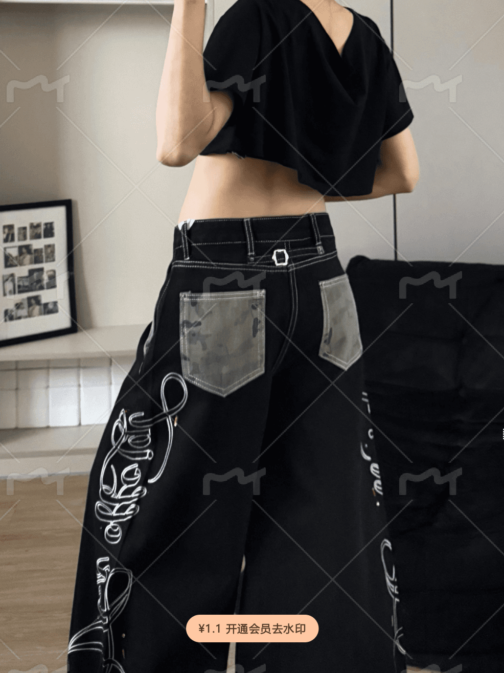 아메리칸 알파벳 자수 패치워크 배색 카모플라주 청바지 여성 가을 새로운 거리 루즈핏 넓은 다리 바닥 청소 긴 바지 상세 이미지 10