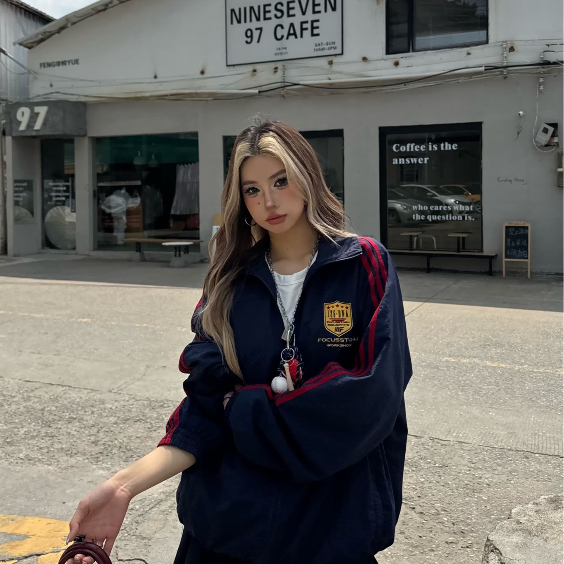 한국 chic 가을 새로운 스탠드 칼라 후드티 여성 코트 아메리칸 루즈핏 캐주얼 스트라이프 지퍼 오픈 가디건 야구 유니폼 상세 이미지 1