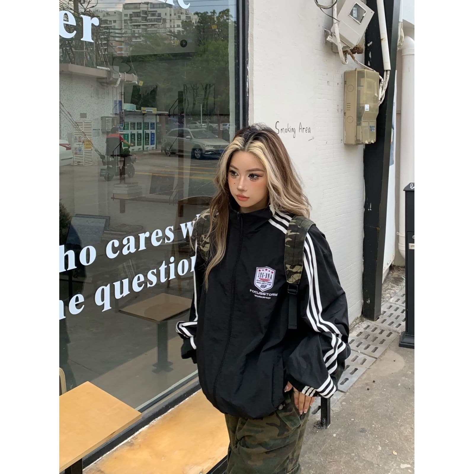 한국 chic 가을 새로운 스탠드 칼라 후드티 여성 코트 아메리칸 루즈핏 캐주얼 스트라이프 지퍼 오픈 가디건 야구 유니폼 상세 이미지 5