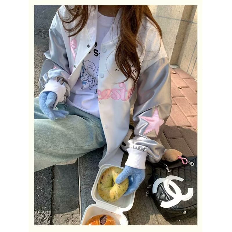한국 chic 가을 새로운 느긋한 트렌드 아메리칸 나비 매듭 별 자수 야구 유니폼 여성 코트 ins 트렌디