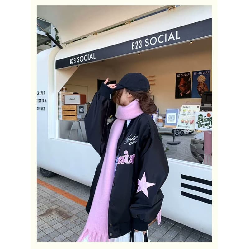 한국 chic 가을 새로운 느긋한 트렌드 아메리칸 나비 매듭 별 자수 야구 유니폼 여성 코트 ins 트렌디 이미지 3