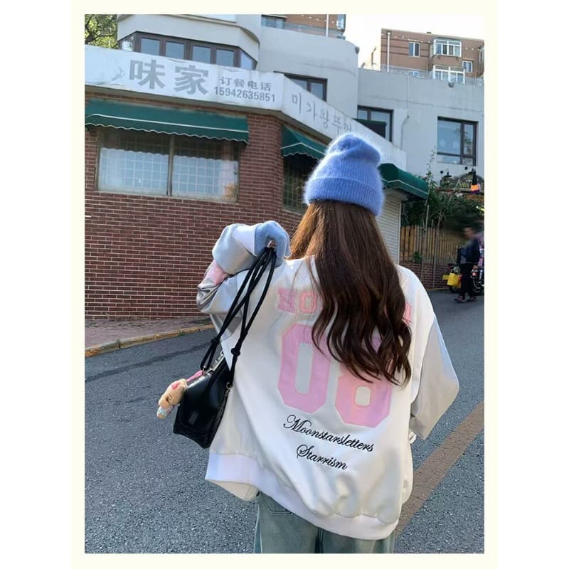 한국 chic 가을 새로운 느긋한 트렌드 아메리칸 나비 매듭 별 자수 야구 유니폼 여성 코트 ins 트렌디 상세 이미지 7