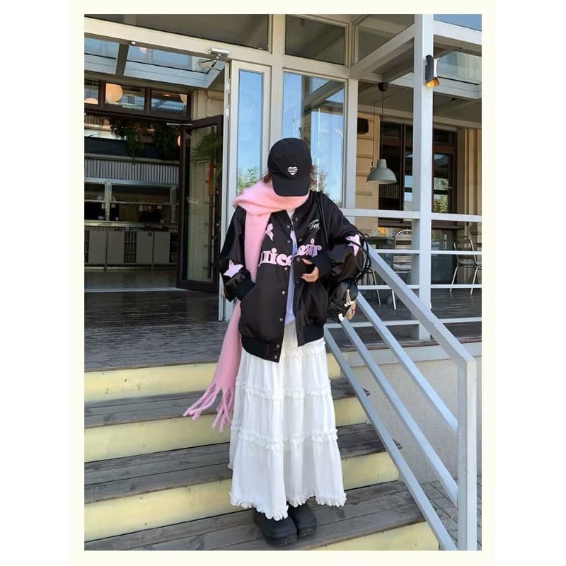 한국 chic 가을 새로운 느긋한 트렌드 아메리칸 나비 매듭 별 자수 야구 유니폼 여성 코트 ins 트렌디 상세 이미지 9
