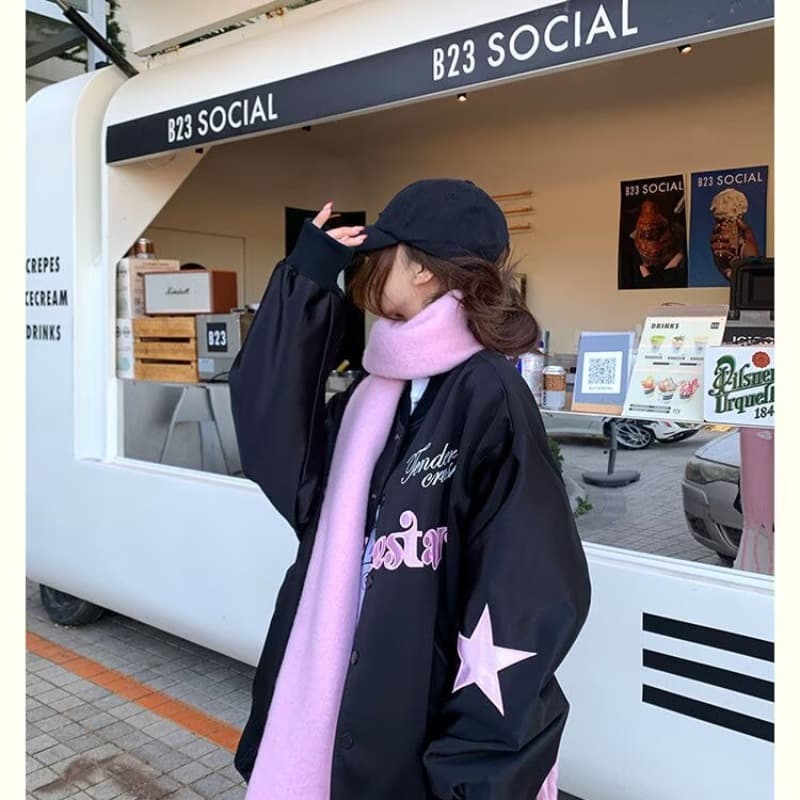 한국 chic 가을 새로운 느긋한 트렌드 아메리칸 나비 매듭 별 자수 야구 유니폼 여성 코트 ins 트렌디 상세 이미지 11