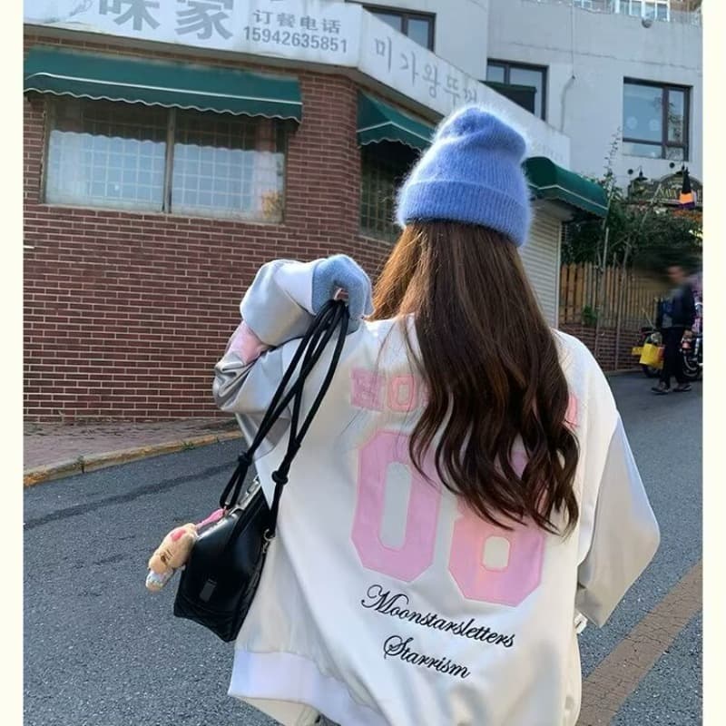 한국 chic 가을 새로운 느긋한 트렌드 아메리칸 나비 매듭 별 자수 야구 유니폼 여성 코트 ins 트렌디 상세 이미지 12