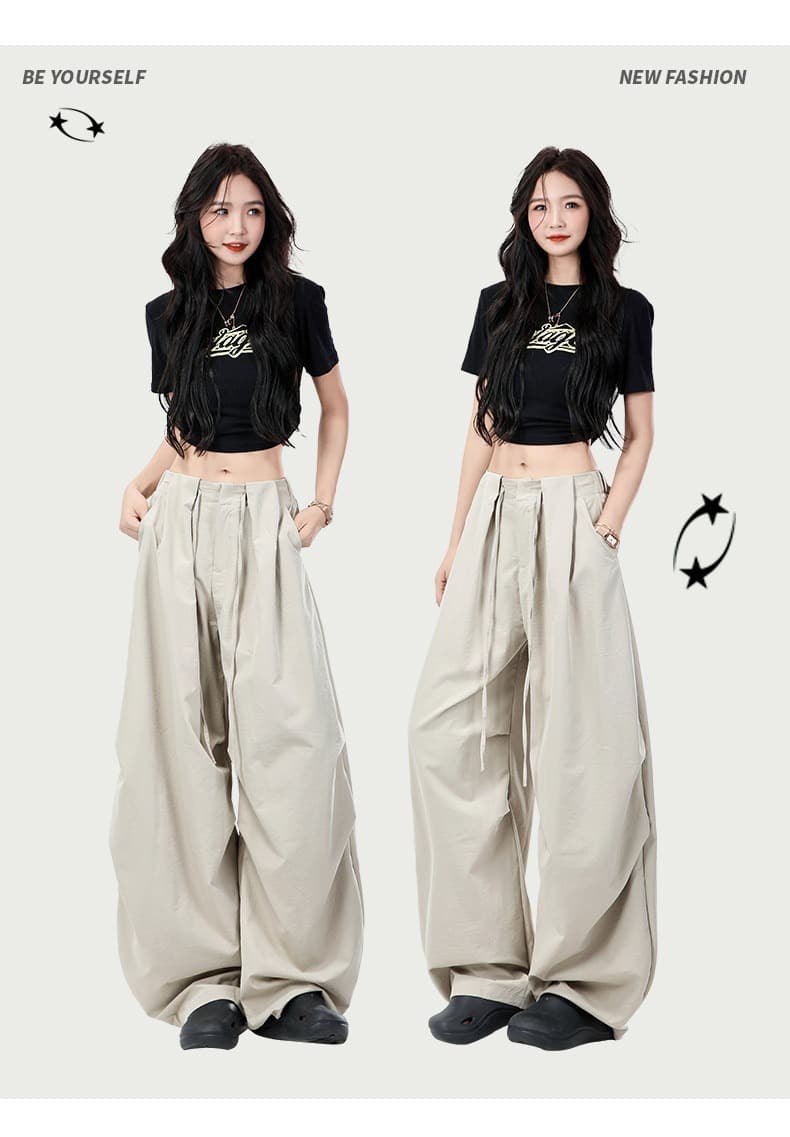 한국 chic 높음 거리 루즈핏 워크웨어 캐주얼 바지 여성 카키 색 하이웨이스트 슬림해 보이는 새로운 넓은 다리 속도 건조한 낙하산 병 바지 상세 이미지 28