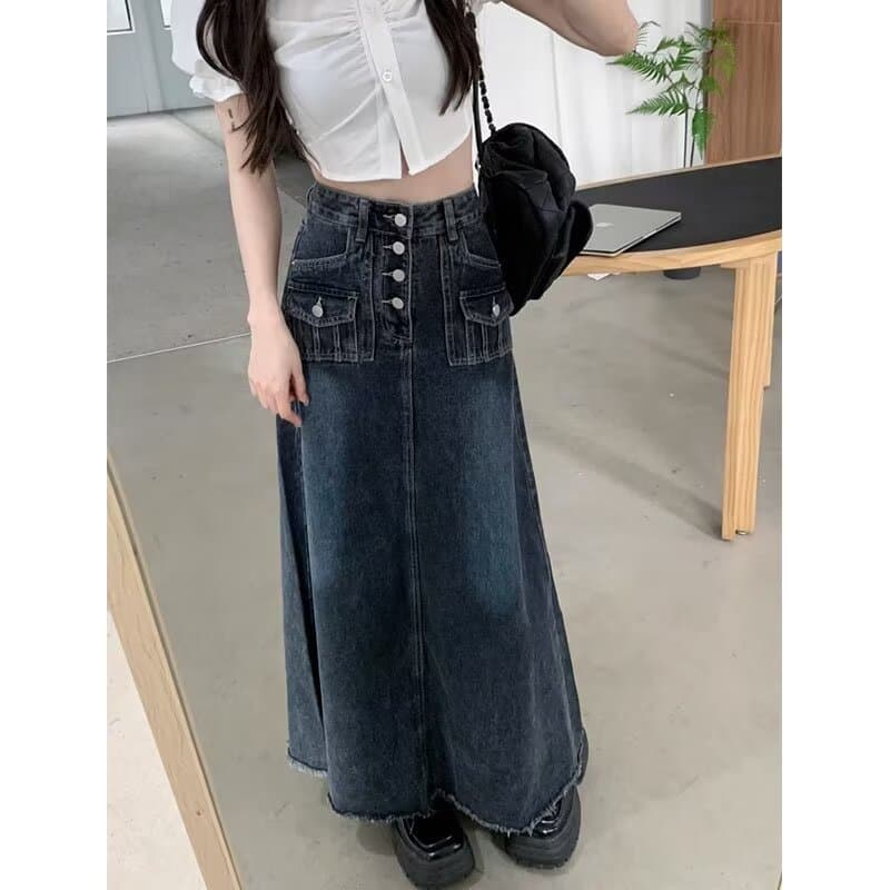 싱글 줄 버튼 디자인 센스 거친 가장자리 넓은 다리 데님 스커트 여성 가을 하이웨이스트 슬림해 보이는 루즈핏 A라인 스커트 레트로 길다 치마 이미지 3