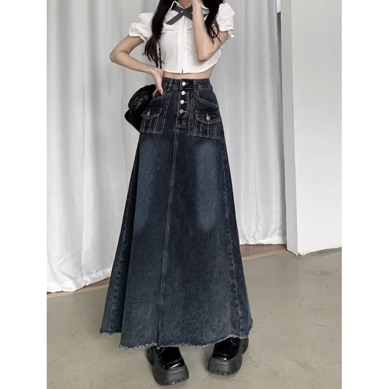 싱글 줄 버튼 디자인 센스 거친 가장자리 넓은 다리 데님 스커트 여성 가을 하이웨이스트 슬림해 보이는 루즈핏 A라인 스커트 레트로 길다 치마 상세 이미지 1