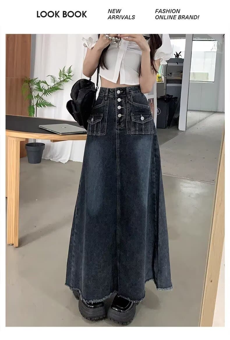 싱글 줄 버튼 디자인 센스 거친 가장자리 넓은 다리 데님 스커트 여성 가을 하이웨이스트 슬림해 보이는 루즈핏 A라인 스커트 레트로 길다 치마 상세 이미지 18