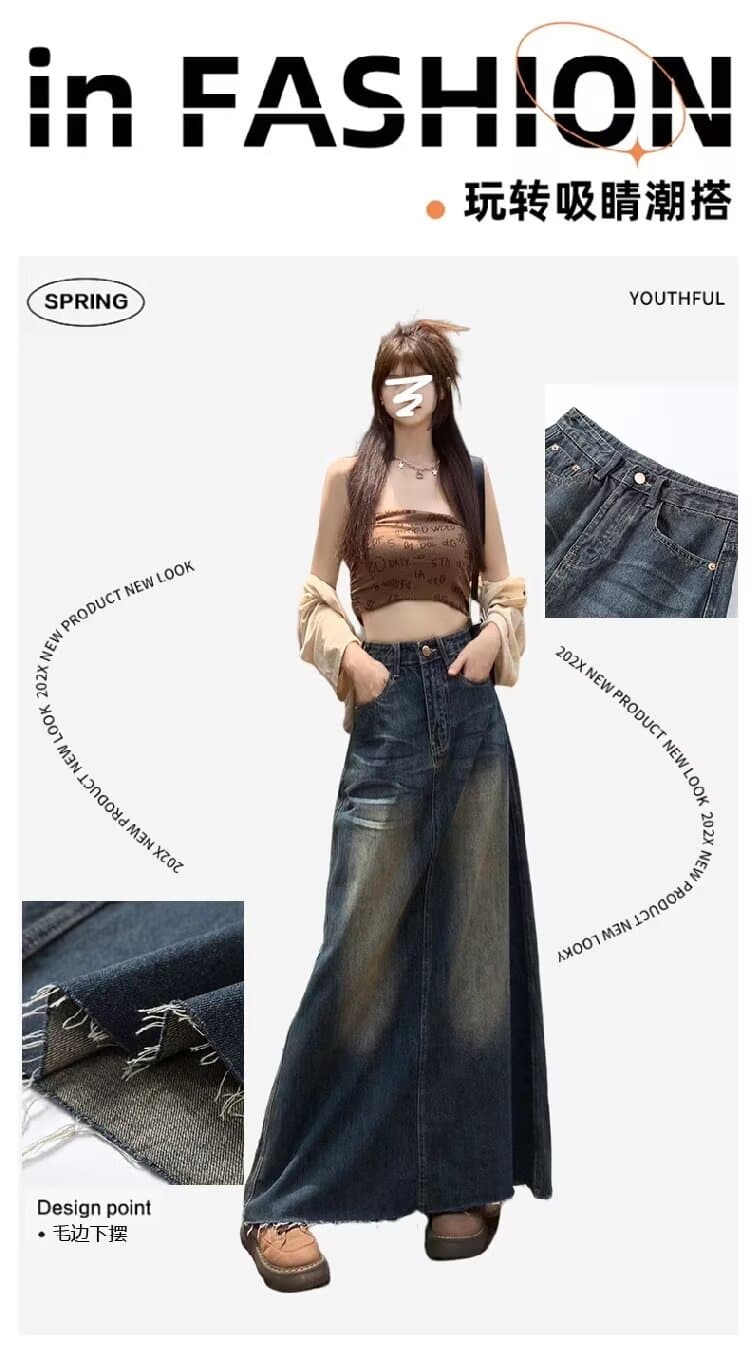 한국 스타일 아메리칸 2026 가을 새로운 레트로 워싱 데님 반신 스커트 롱 코트 마 오래된 하이웨이스트 캐주얼 A라인 스커트 상세 이미지 5
