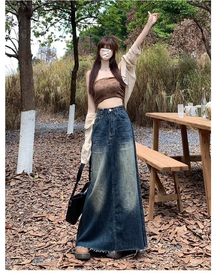한국 스타일 아메리칸 2026 가을 새로운 레트로 워싱 데님 반신 스커트 롱 코트 마 오래된 하이웨이스트 캐주얼 A라인 스커트 상세 이미지 17