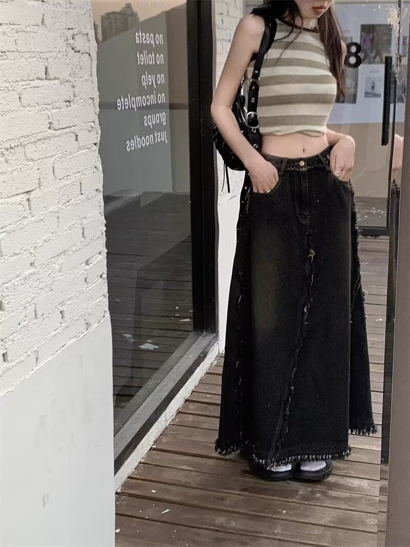한국 스타일 아메리칸 높음 거리 워싱 블랙 회색 데님 롱 스커트 패션 섹션 거친 가장자리 패치워크 디자인 루즈핏 넓은 다리 길이 치마 상세 이미지 9