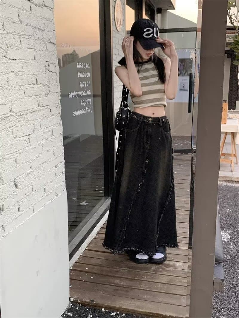 한국 스타일 아메리칸 높음 거리 워싱 블랙 회색 데님 롱 스커트 패션 섹션 거친 가장자리 패치워크 디자인 루즈핏 넓은 다리 길이 치마 상세 이미지 10