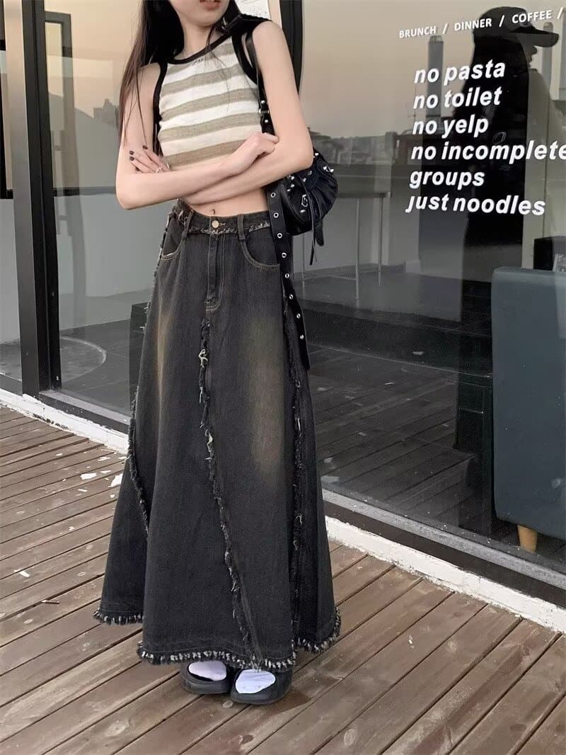 한국 스타일 아메리칸 높음 거리 워싱 블랙 회색 데님 롱 스커트 패션 섹션 거친 가장자리 패치워크 디자인 루즈핏 넓은 다리 길이 치마 상세 이미지 14
