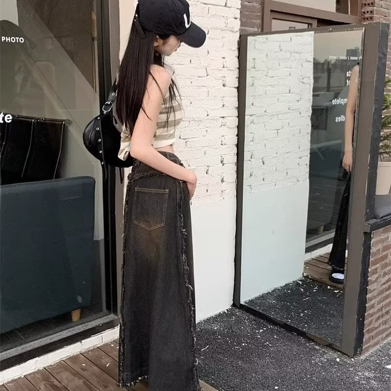 한국 스타일 아메리칸 높음 거리 워싱 블랙 회색 데님 롱 스커트 패션 섹션 거친 가장자리 패치워크 디자인 루즈핏 넓은 다리 길이 치마 상세 이미지 20