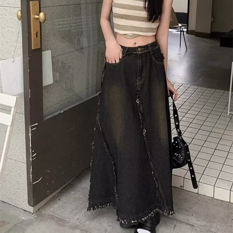 한국 스타일 아메리칸 높음 거리 워싱 블랙 회색 데님 롱 스커트 패션 섹션 거친 가장자리 패치워크 디자인 루즈핏 넓은 다리 길이 치마 상세 이미지 24