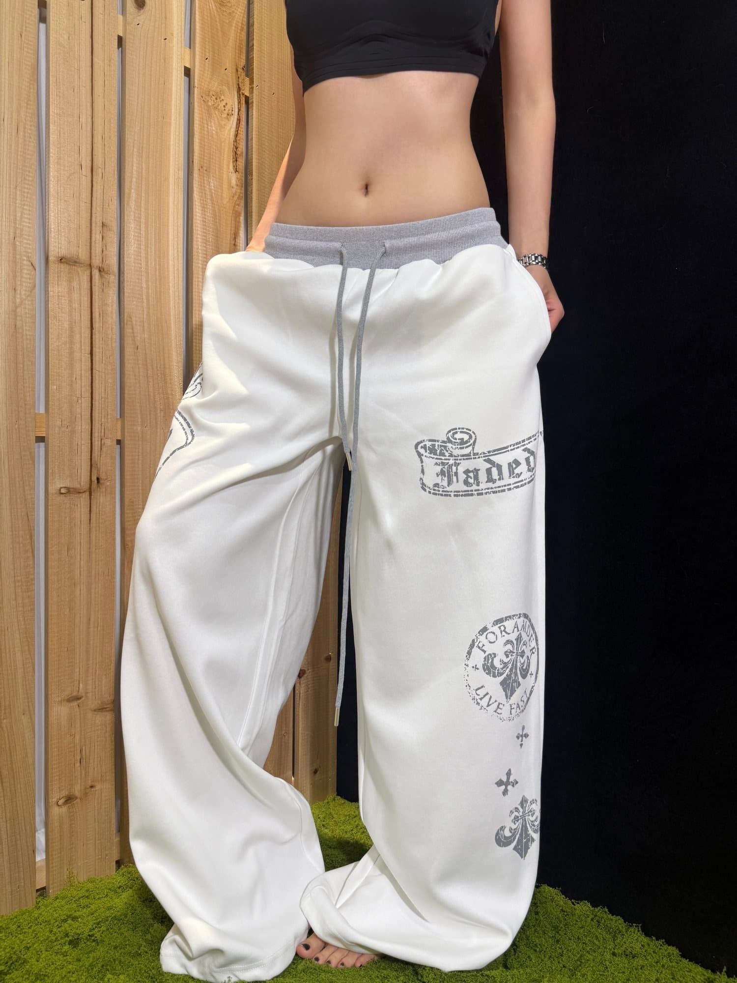 한국 chic 가을 새로운 아메리칸 레트로 프린트 배색 캐주얼 바지 여성 루즈핏 바닥 청소 스트레이트 팬츠 ins 트렌디 상세 이미지 8
