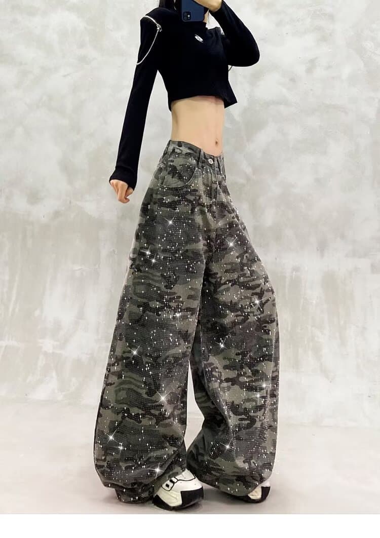 아메리칸 레트로 핫픽스 카모플라주 워크웨어 청바지 여성 가을 새로운 루즈핏 캐주얼 다용도 스트레이트 와이드 레그 팬츠 트렌디 상세 이미지 11