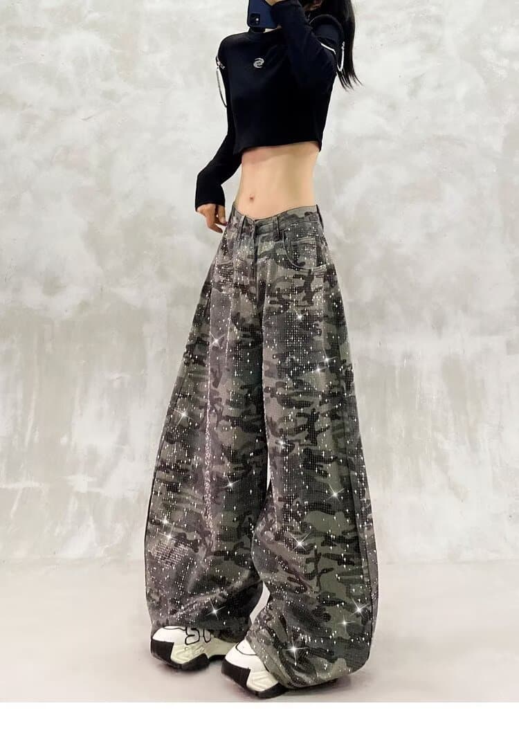 아메리칸 레트로 핫픽스 카모플라주 워크웨어 청바지 여성 가을 새로운 루즈핏 캐주얼 다용도 스트레이트 와이드 레그 팬츠 트렌디 상세 이미지 15