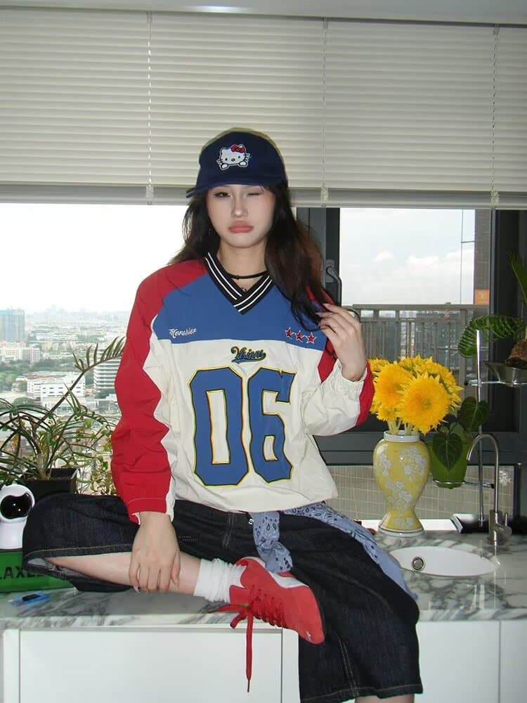 한국 스타일 아메리칸 거리 V넥 숫자 가을 의상 패치워크 배색 조수 브랜드 자켓 밴딩 펌프 로프 긴팔 바람막이 여성