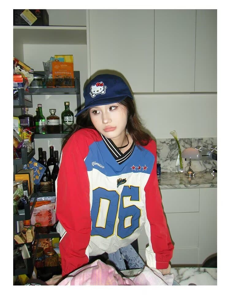 한국 스타일 아메리칸 거리 V넥 숫자 가을 의상 패치워크 배색 조수 브랜드 자켓 밴딩 펌프 로프 긴팔 바람막이 여성 상세 이미지 10