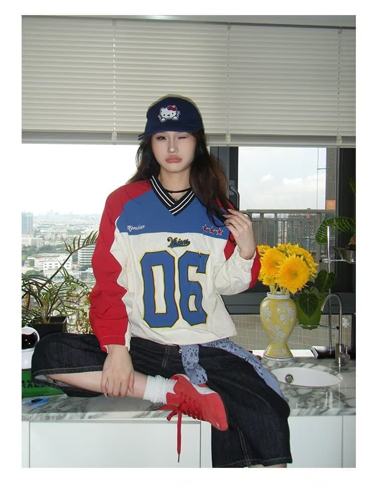 한국 스타일 아메리칸 거리 V넥 숫자 가을 의상 패치워크 배색 조수 브랜드 자켓 밴딩 펌프 로프 긴팔 바람막이 여성 상세 이미지 14