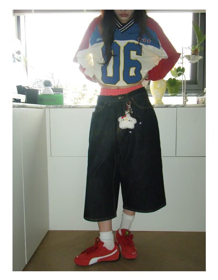 한국 스타일 아메리칸 거리 V넥 숫자 가을 의상 패치워크 배색 조수 브랜드 자켓 밴딩 펌프 로프 긴팔 바람막이 여성 상세 이미지 16