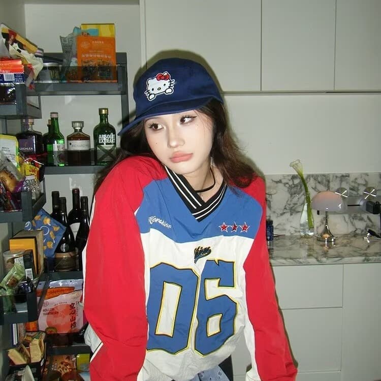 한국 스타일 아메리칸 거리 V넥 숫자 가을 의상 패치워크 배색 조수 브랜드 자켓 밴딩 펌프 로프 긴팔 바람막이 여성 상세 이미지 24