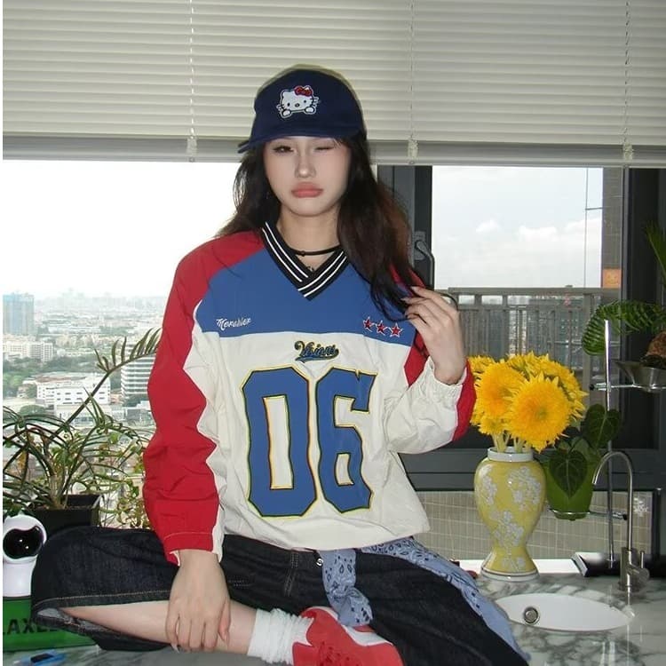 한국 스타일 아메리칸 거리 V넥 숫자 가을 의상 패치워크 배색 조수 브랜드 자켓 밴딩 펌프 로프 긴팔 바람막이 여성 상세 이미지 27