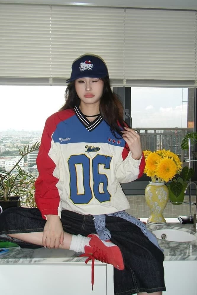 한국 스타일 아메리칸 거리 V넥 숫자 가을 의상 패치워크 배색 조수 브랜드 자켓 밴딩 펌프 로프 긴팔 바람막이 여성 상세 이미지 28