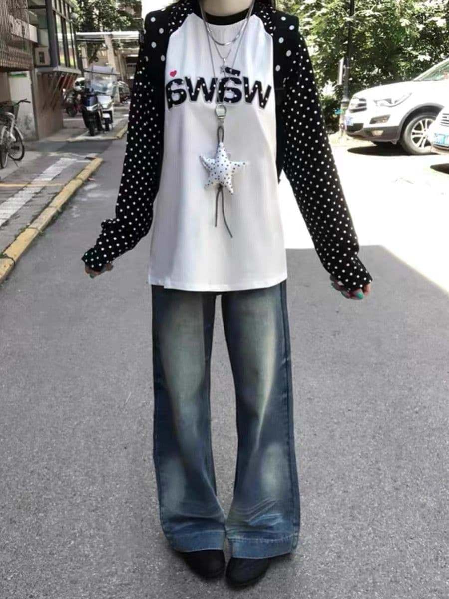 순면 한국 스타일 아메리칸 2026 가을 새로운 긴팔 티셔츠 여성 루즈핏 패치워크 색상 삽입 어깨 소매 프린트 핫걸 맨위 상세 이미지 4