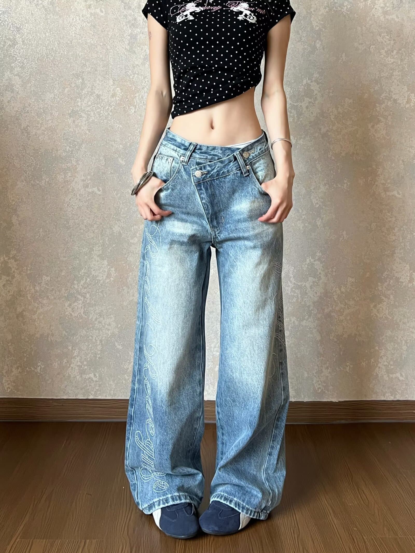 아메리칸 레트로 디자인 센스 워싱 스트레이트 캐주얼 청바지 여성 가을 새로운 거리 루즈핏 넓은 다리 바닥 청소 바지 이미지 4