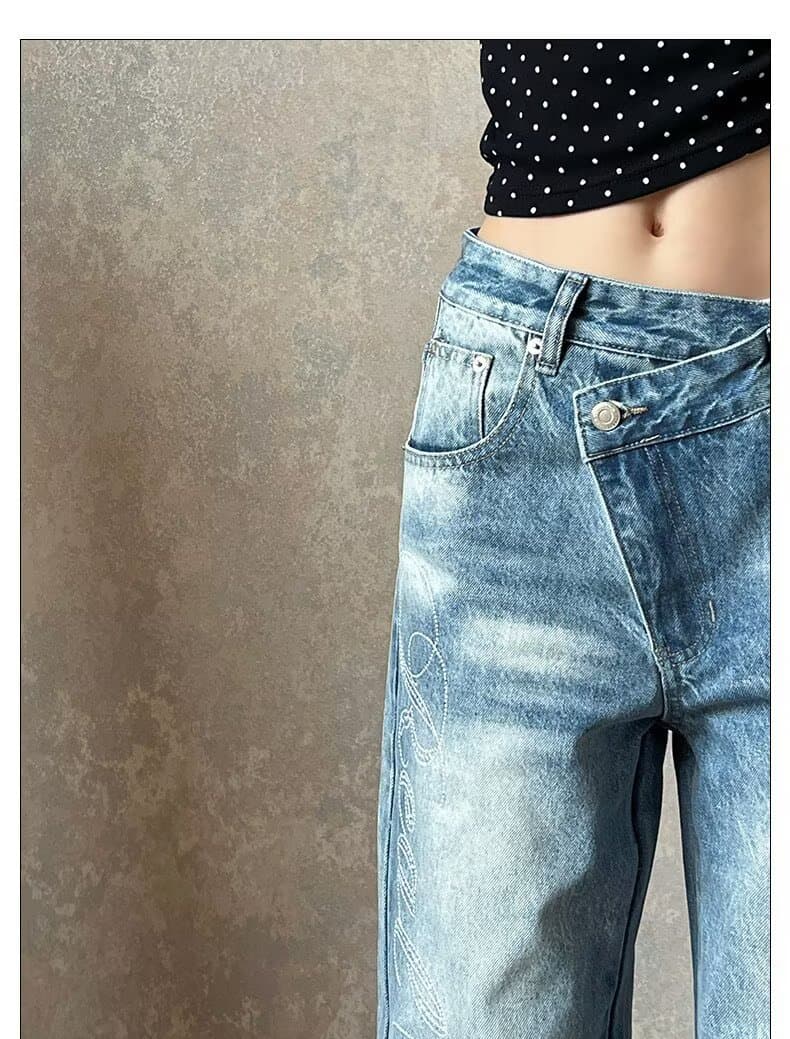 아메리칸 레트로 디자인 센스 워싱 스트레이트 캐주얼 청바지 여성 가을 새로운 거리 루즈핏 넓은 다리 바닥 청소 바지 상세 이미지 12