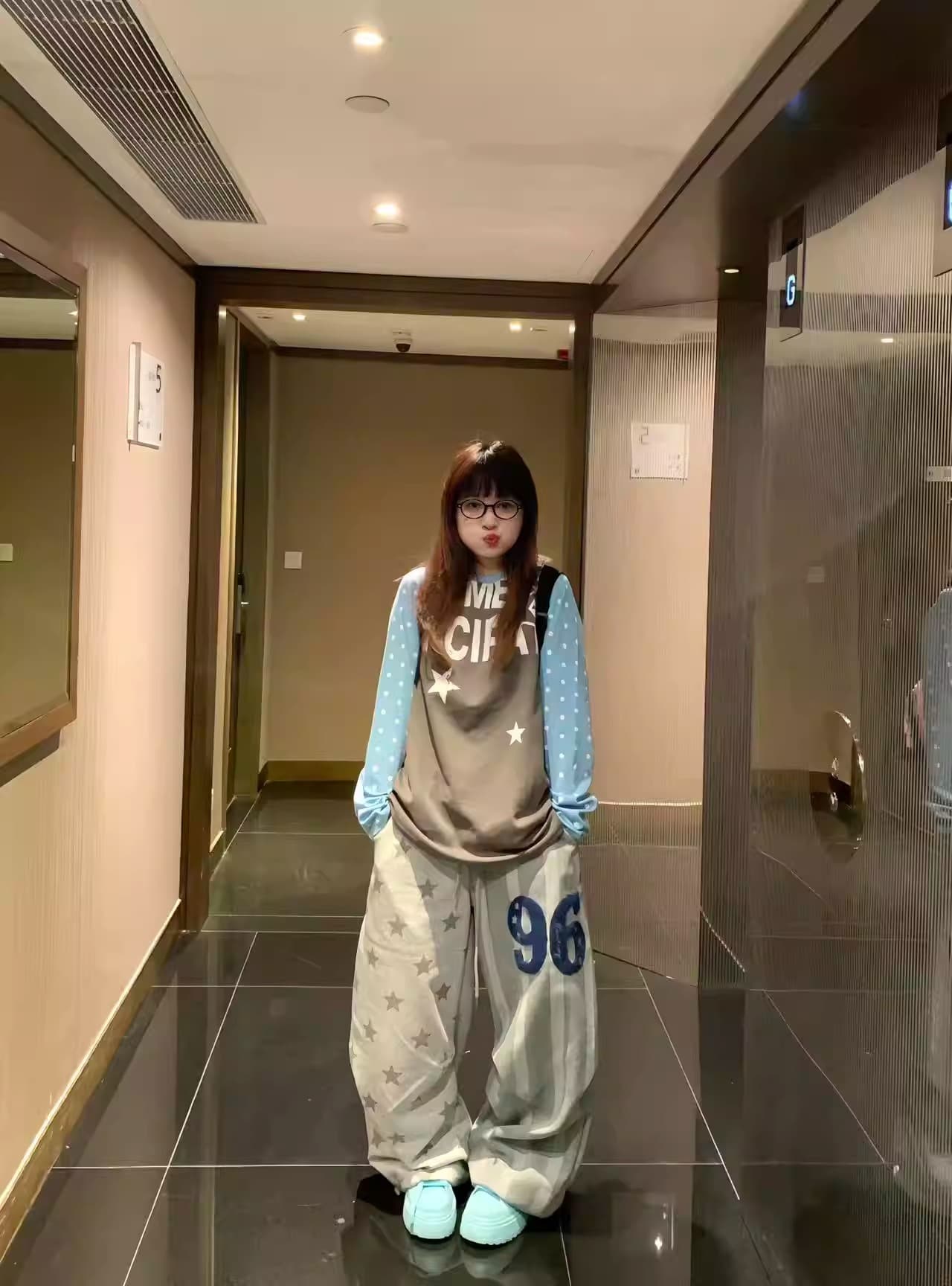한국 chic 가을 새로운 아메리칸 배색 별 패치워크 스트라이프 넓은 다리 길이 바지 캐주얼 모통이 칼 웨이 운동 바지 상세 이미지 1