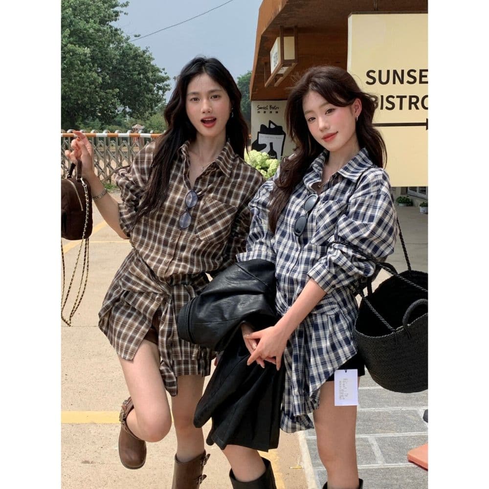 한국 chic 가을 겨울 새로운 프랑스식 레트로 폴로 칼라 스트랩 허리 수축 슬림해 보이는 싱글 주머니 긴팔 체크무늬 여성 셔츠 이미지 5