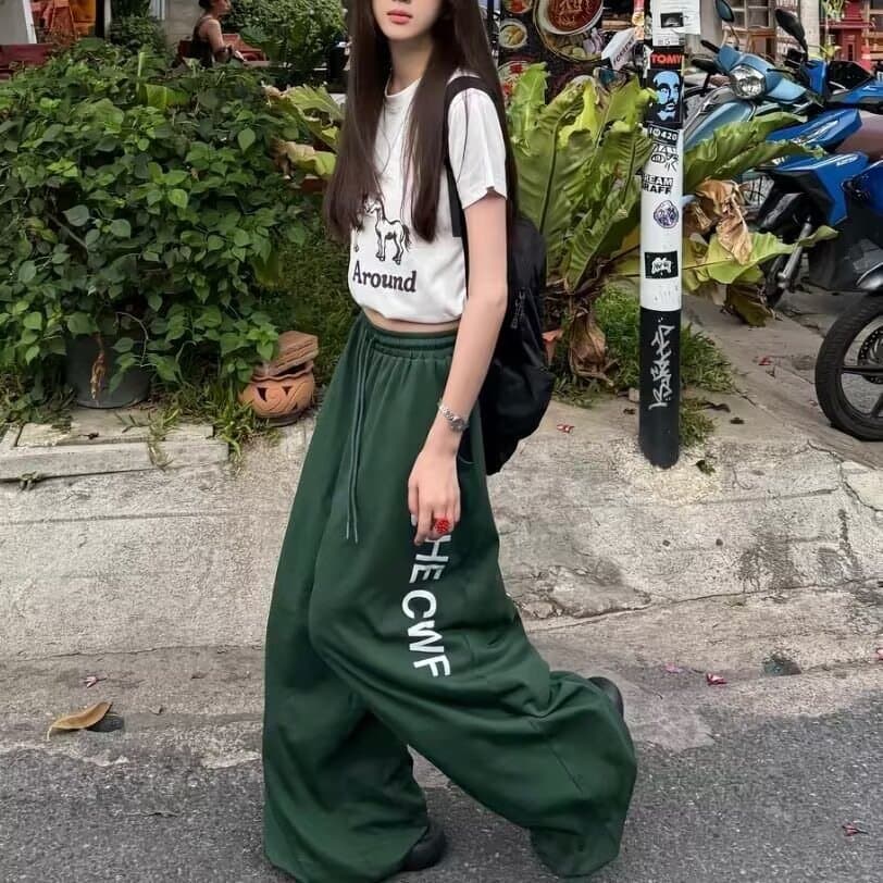 한국 chic 가을 새로운 아메리칸 레트로 재즈 댄스 바지 여성 넓은 다리 알파벳 슬림해 보이는 스트레이트 운동 캐주얼 바지 상세 이미지 8