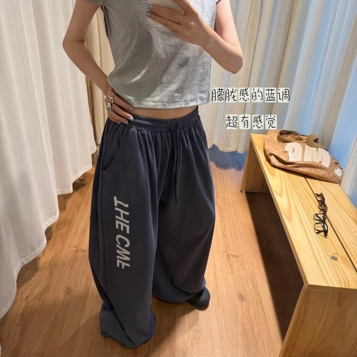 한국 chic 가을 새로운 아메리칸 레트로 재즈 댄스 바지 여성 넓은 다리 알파벳 슬림해 보이는 스트레이트 운동 캐주얼 바지 상세 이미지 15
