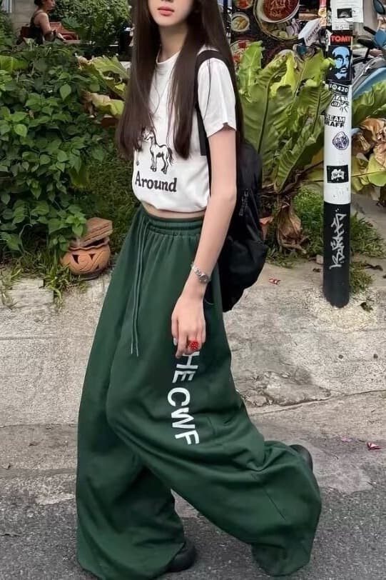 한국 chic 가을 새로운 아메리칸 레트로 재즈 댄스 바지 여성 넓은 다리 알파벳 슬림해 보이는 스트레이트 운동 캐주얼 바지 상세 이미지 22