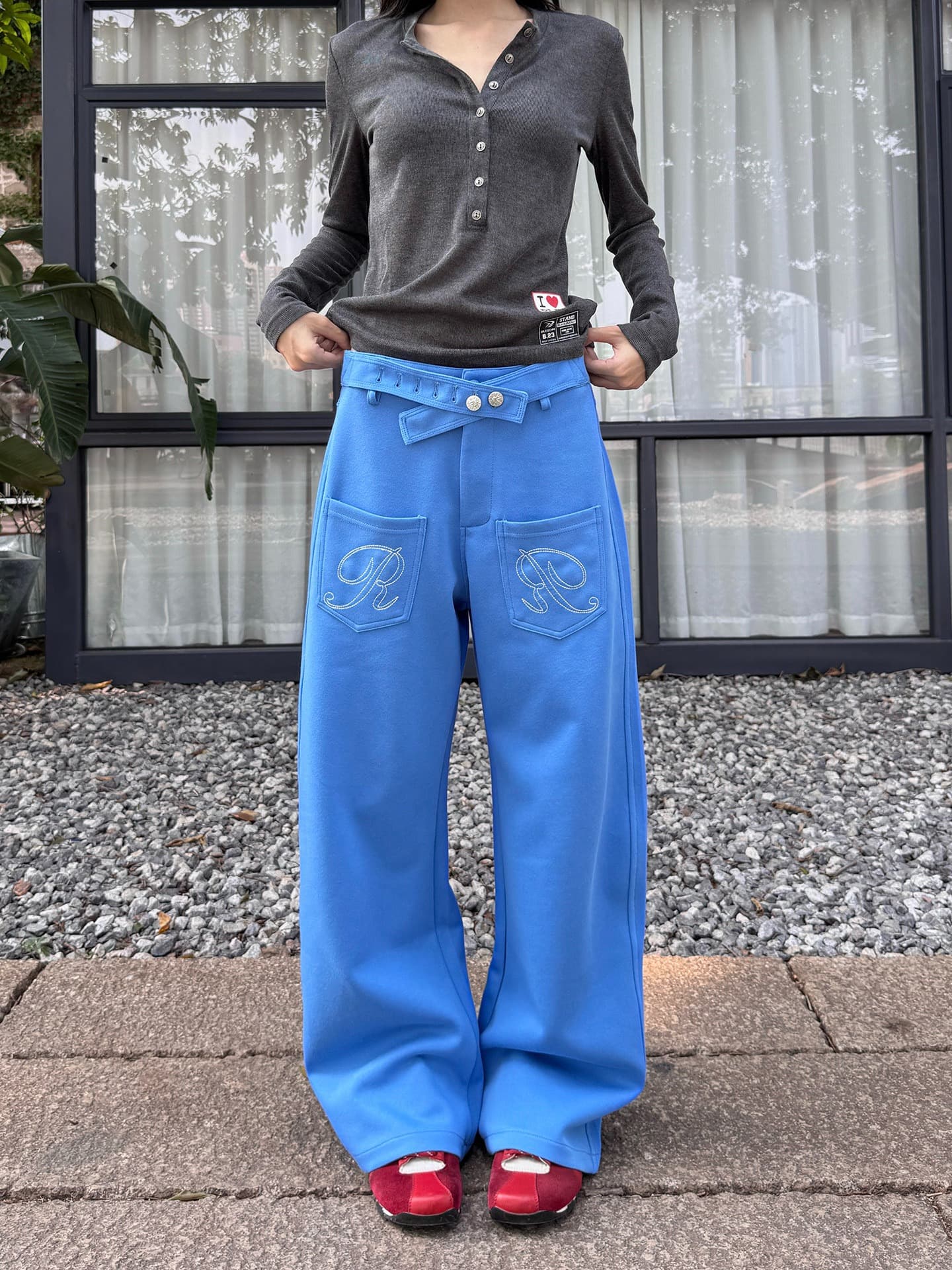 한국 chic 아메리칸 디자인 센스 파리 버클 웨이 바지 여성 핫걸 캐주얼 바지 레트로 긴 바지 도루 센스 와이드 레그 팬츠 트렌디 상세 이미지 4
