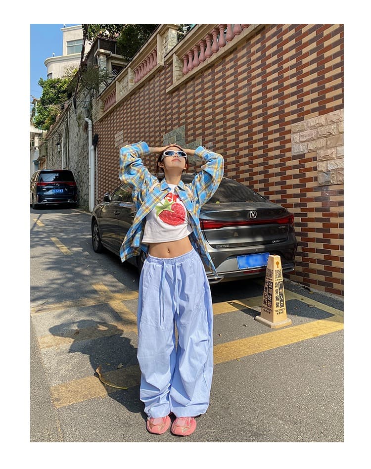 한국 chic 아메리칸 스트라이프 자수 와이드 레깅스 바지 2026 가을 새로운 스트레이트 루즈핏 캐주얼 슬림해 보이는 긴 바지 상세 이미지 17
