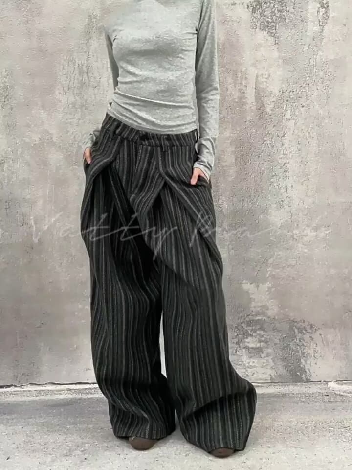 한국 chic 가을 새로운 아메리칸 스트라이프 캐주얼 바지 남녀 루즈핏 주름 장식 스트레이트 와이드 레그 팬츠 조수 브랜드 바지 상세 이미지 8
