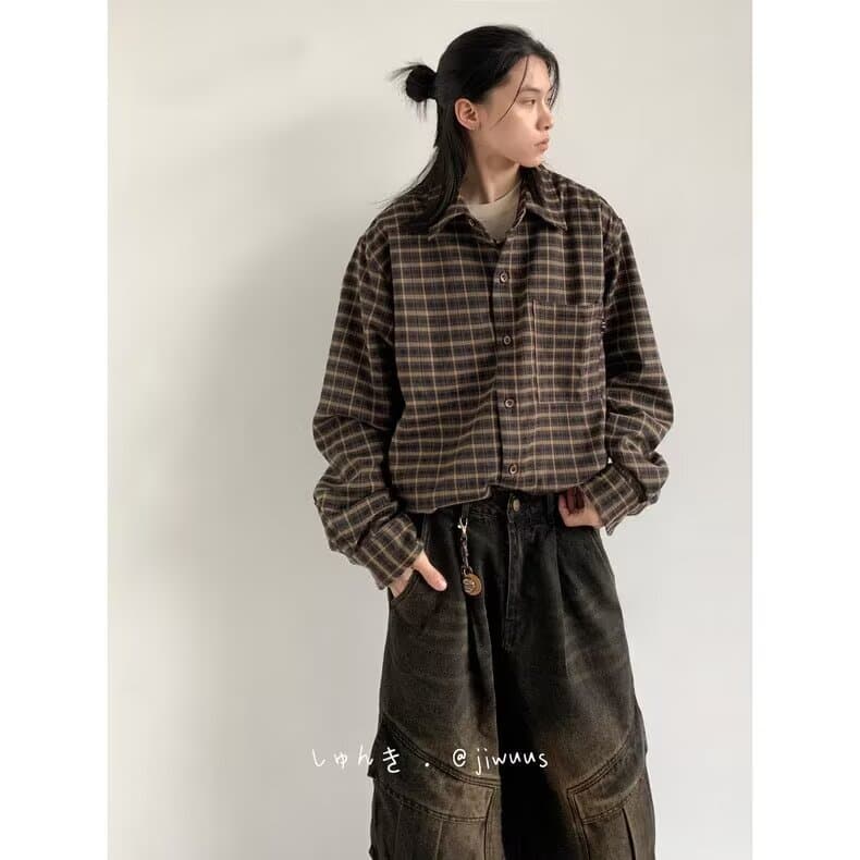 일본식 레트로 체크무늬 긴팔 셔츠 남자 여자 중성 바람 봄 가을 새로운 캐주얼 다용도 폴로 칼라 셔츠 재킷 상세 이미지 2