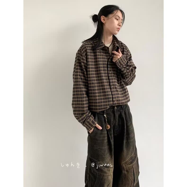 일본식 레트로 체크무늬 긴팔 셔츠 남자 여자 중성 바람 봄 가을 새로운 캐주얼 다용도 폴로 칼라 셔츠 재킷 상세 이미지 4