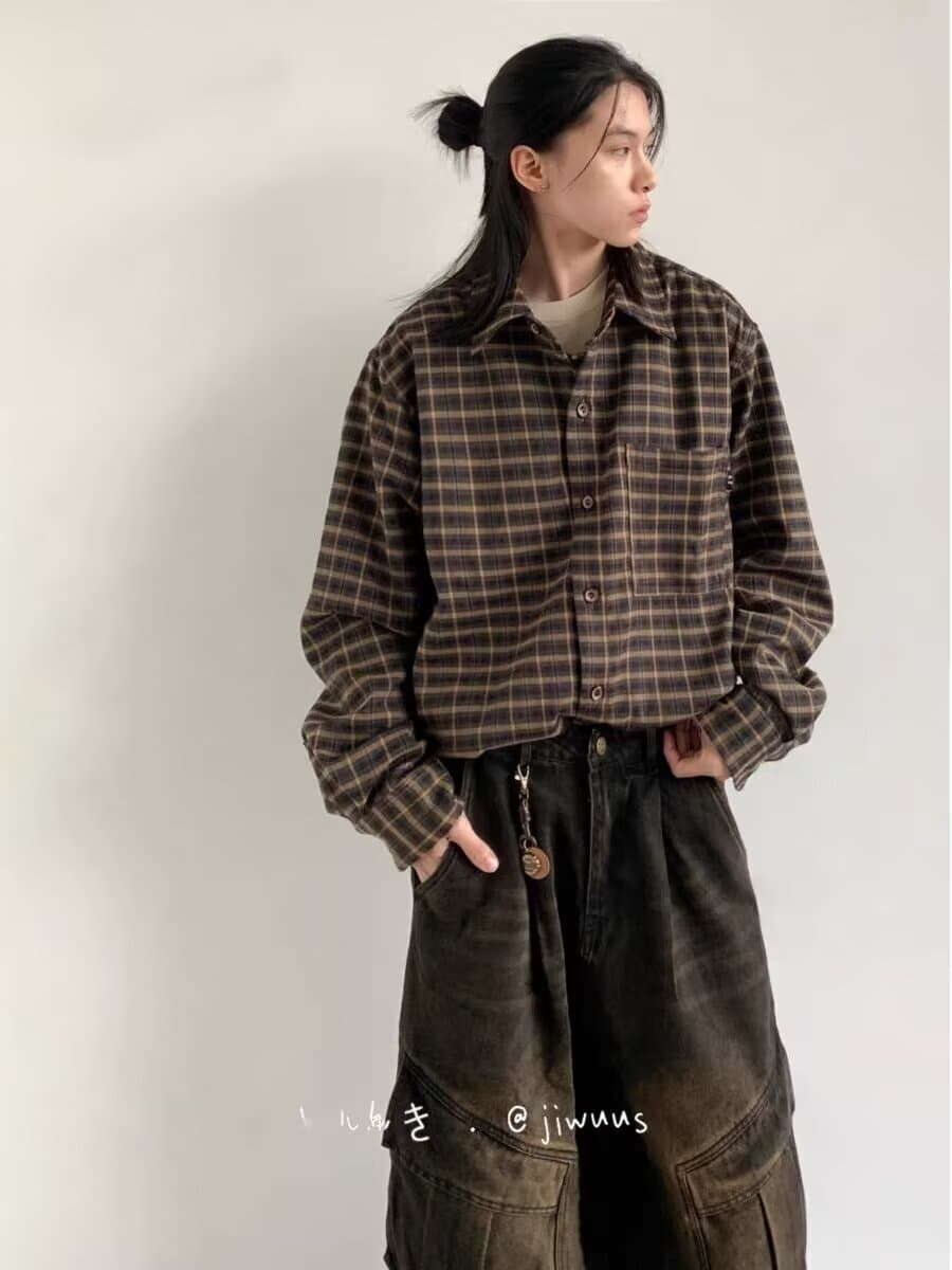 일본식 레트로 체크무늬 긴팔 셔츠 남자 여자 중성 바람 봄 가을 새로운 캐주얼 다용도 폴로 칼라 셔츠 재킷 상세 이미지 8