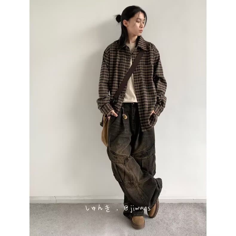 일본식 레트로 체크무늬 긴팔 셔츠 남자 여자 중성 바람 봄 가을 새로운 캐주얼 다용도 폴로 칼라 셔츠 재킷 상세 이미지 19